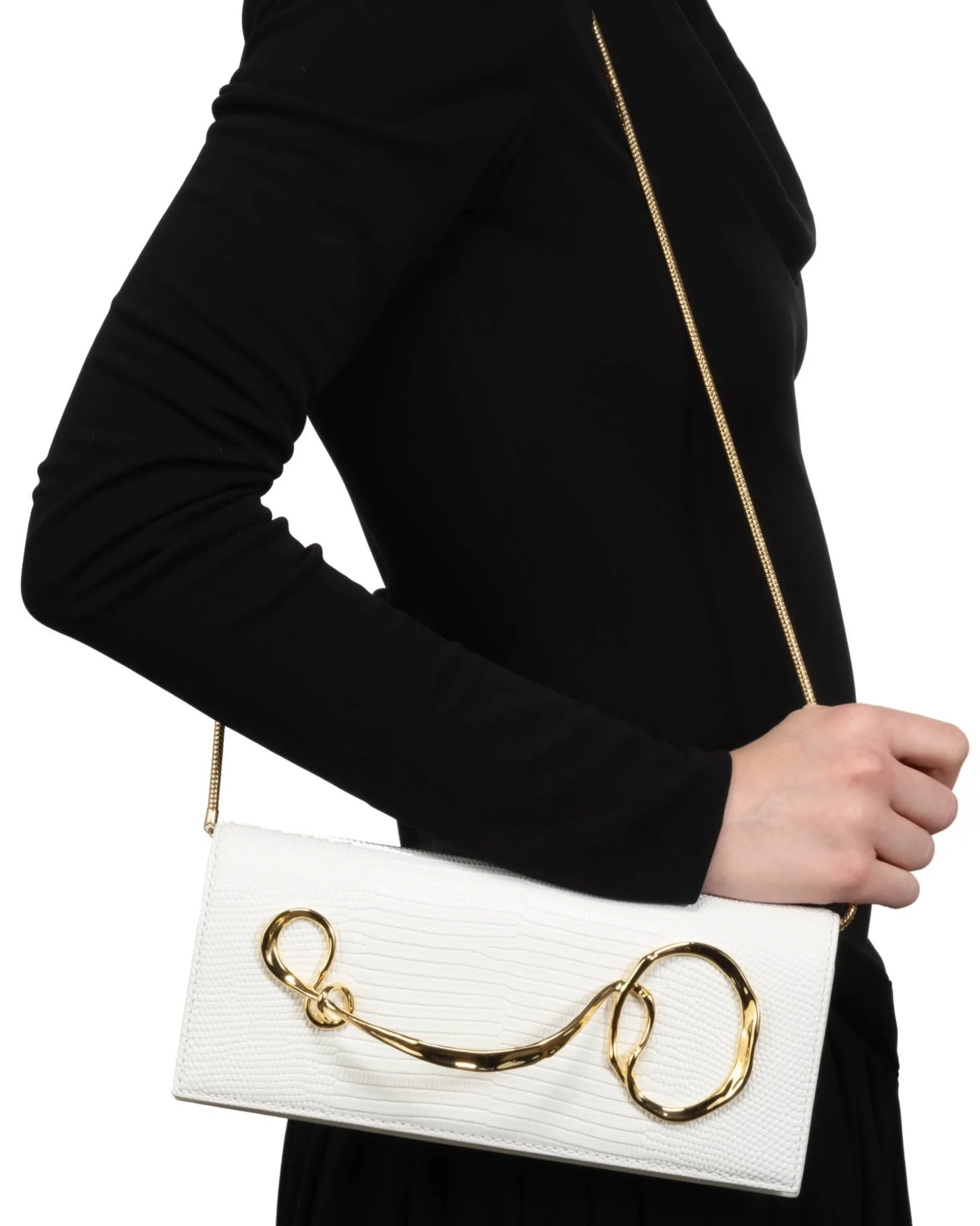 Twisted Gold Side Handle Clutch Purse- White
