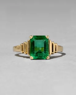 Vintage 1980s 14k Gold & Emerald Retro Deco Design Ring