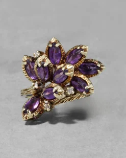 Vintage 1960s 14k Gold Handmade Brutalist Amethyst & Diamond Ring