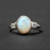 Vintage 1950s 14k Gold Modernist High Prong Set Opal with Diamond Baguette Ring