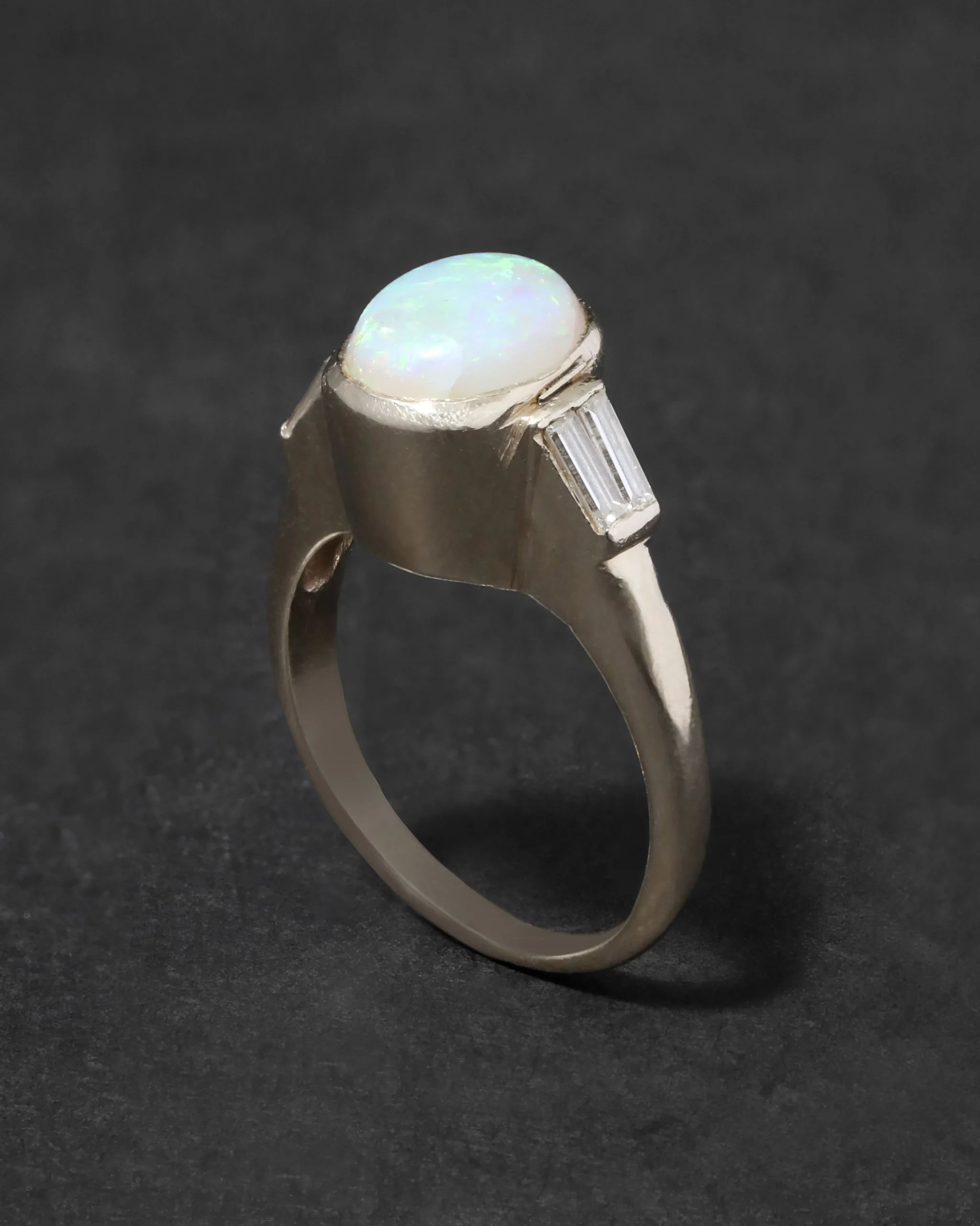 Vintage 1950s 14k Gold Modernist High Prong Set Opal with Diamond Baguette Ring