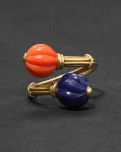 Vintage 1940s 18k Gold Spitzen & Furman Coral & Lapis Bypass Ring