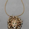 Vintage 1960s 14k Gold Washed Sterling Silver Lion Pendant Necklace with Jade Eyes