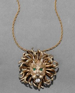 Vintage 1960s 14k Gold Washed Sterling Silver Lion Pendant Necklace with Jade Eyes