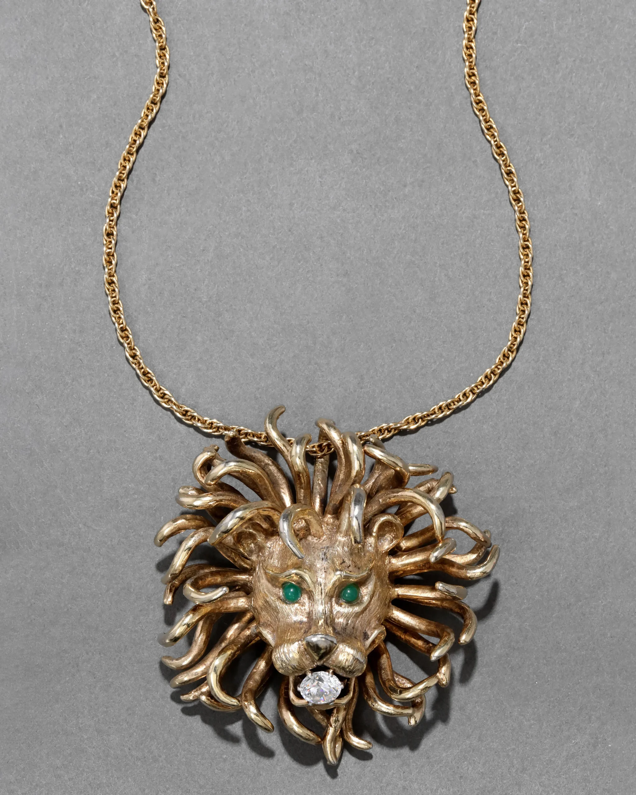 Vintage 1960s 14k Gold Washed Sterling Silver Lion Pendant Necklace with Jade Eyes
