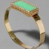 Vintage 1970s 18k Gold with Diamond Framed Chrysoprase Modernist Hinge Bracelet