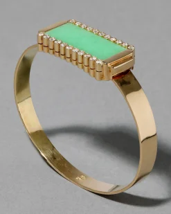 Vintage 1970s 18k Gold with Diamond Framed Chrysoprase Modernist Hinge Bracelet