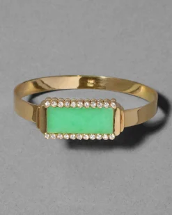 Vintage 1970s 18k Gold with Diamond Framed Chrysoprase Modernist Hinge Bracelet