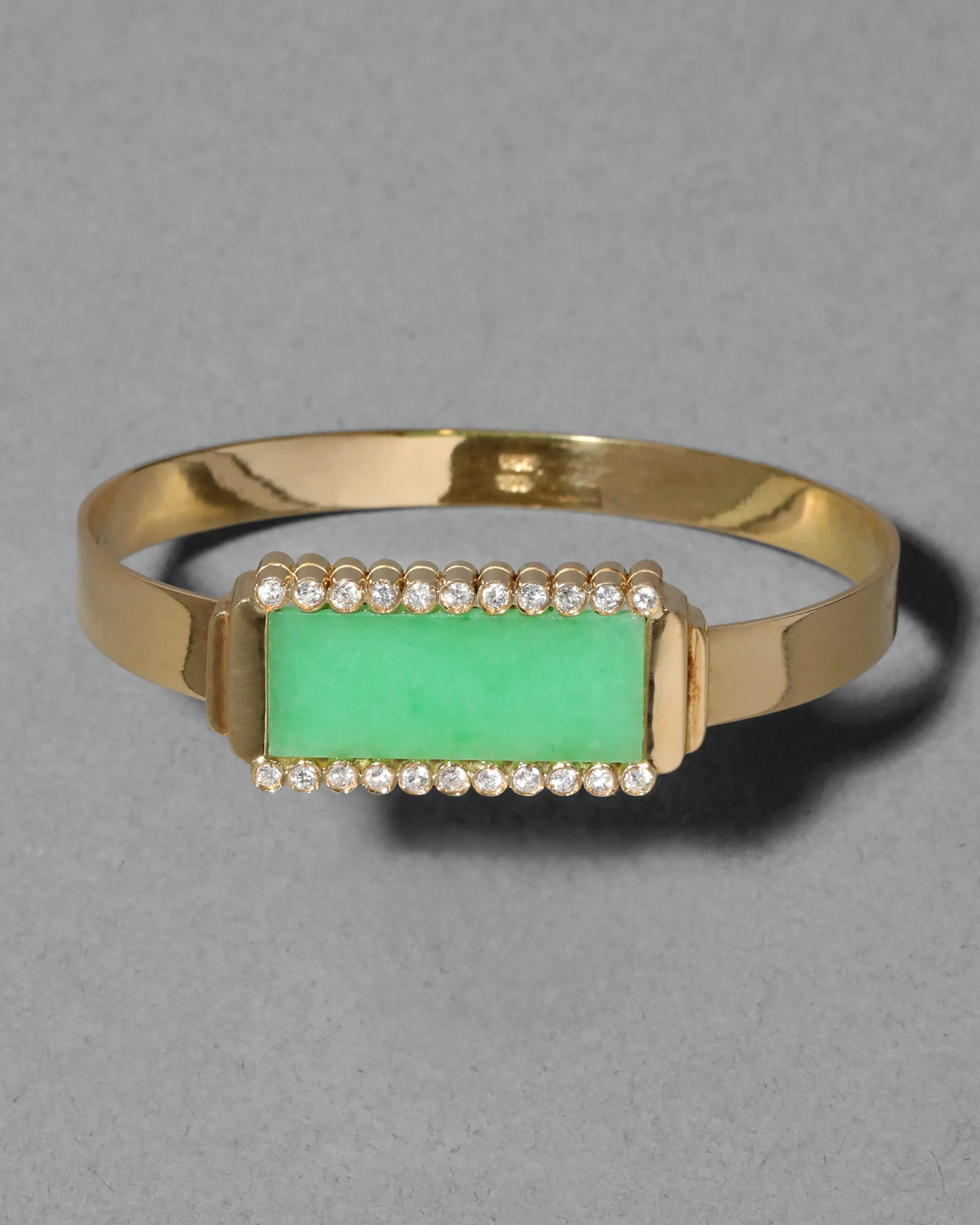 Vintage 1970s 18k Gold with Diamond Framed Chrysoprase Modernist Hinge Bracelet