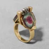 Vintage 1970s 18k Gold with Watermelon Tourmaline & Diamond Brutalist RIng