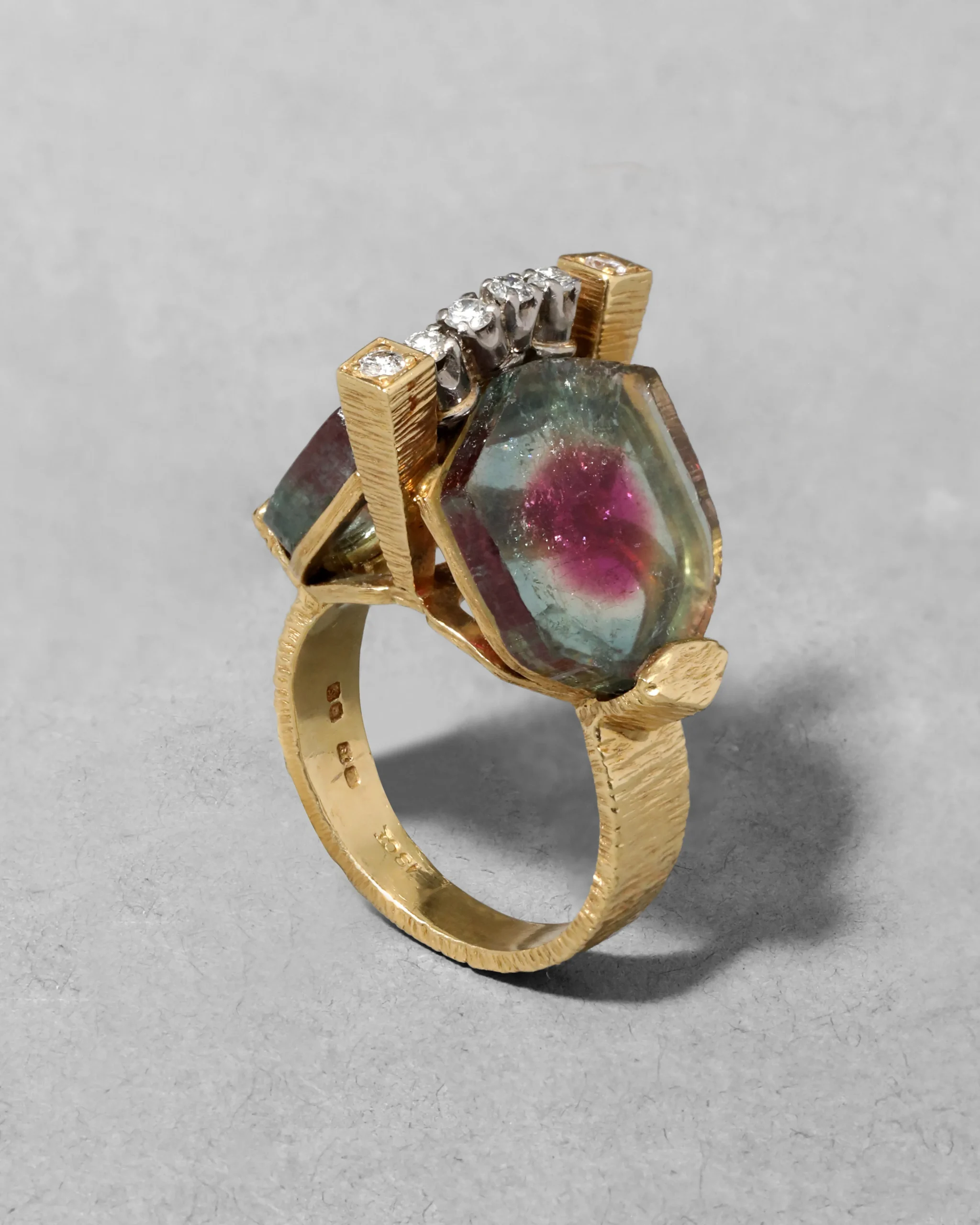 Vintage 1970s 18k Gold with Watermelon Tourmaline & Diamond Brutalist RIng