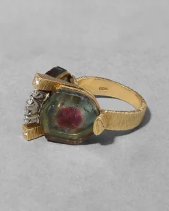 Vintage 1970s 18k Gold with Watermelon Tourmaline & Diamond Brutalist RIng