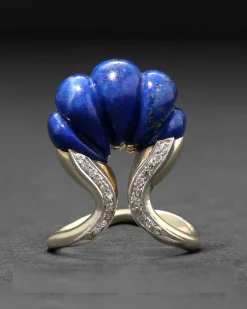 Vintage 1960s 18k Two Tone Gold Scalloped Lapis & Diamond Ring