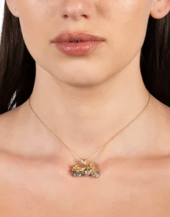 Vintage 1970s 14k Two Tone Gold Articulated Motorcycle Pendant Necklace