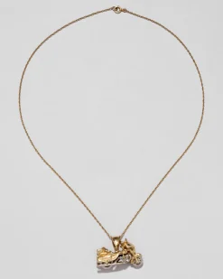 Vintage 1970s 14k Two Tone Gold Articulated Motorcycle Pendant Necklace