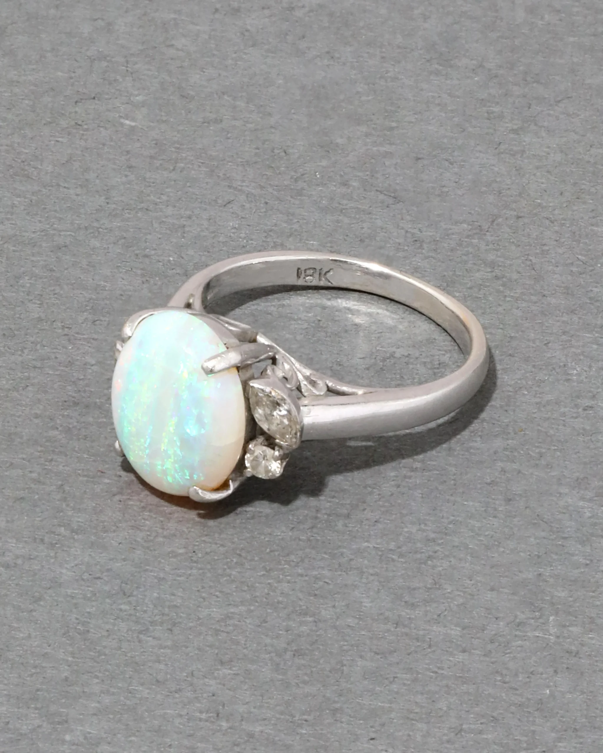 Vintage 1930s 18k White Gold Opal & Diamond Ring
