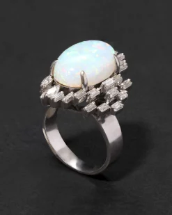 Vintage 1950s 18k White Gold with Natural Opal & Baguette & Marquis Diamond Halo Modernist Design Ring