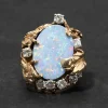 Vintage 1970s 14k Yellow & White Gold Handmade Brutalist Opal & Diamond Ring