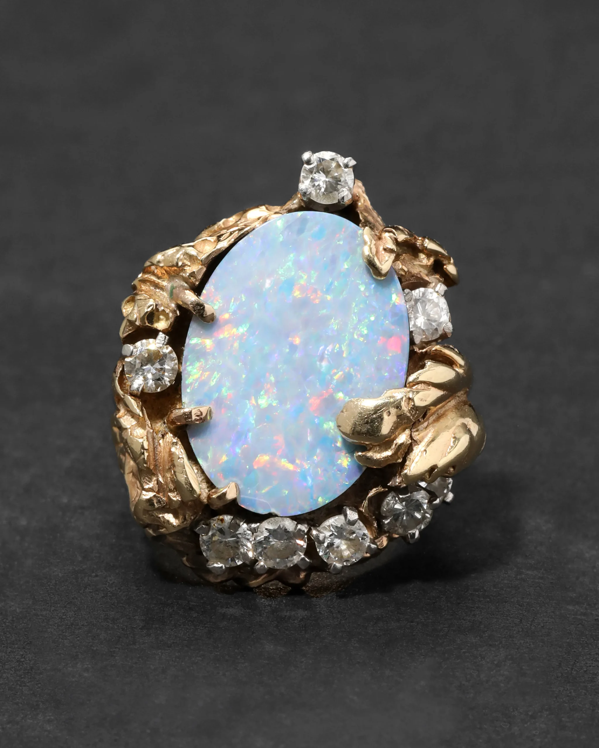 Vintage 1970s 14k Yellow & White Gold Handmade Brutalist Opal & Diamond Ring