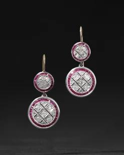 Vintage 1930s Platinum & 14k Gold Ruby & Diamond Deco Drop Earring