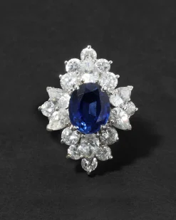 Vintage 1980s Rhodium Plated Sterling Silver with Synthetic Sapphire & Cubic Zirconium Ring