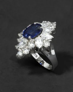 Vintage 1980s Rhodium Plated Sterling Silver with Synthetic Sapphire & Cubic Zirconium Ring