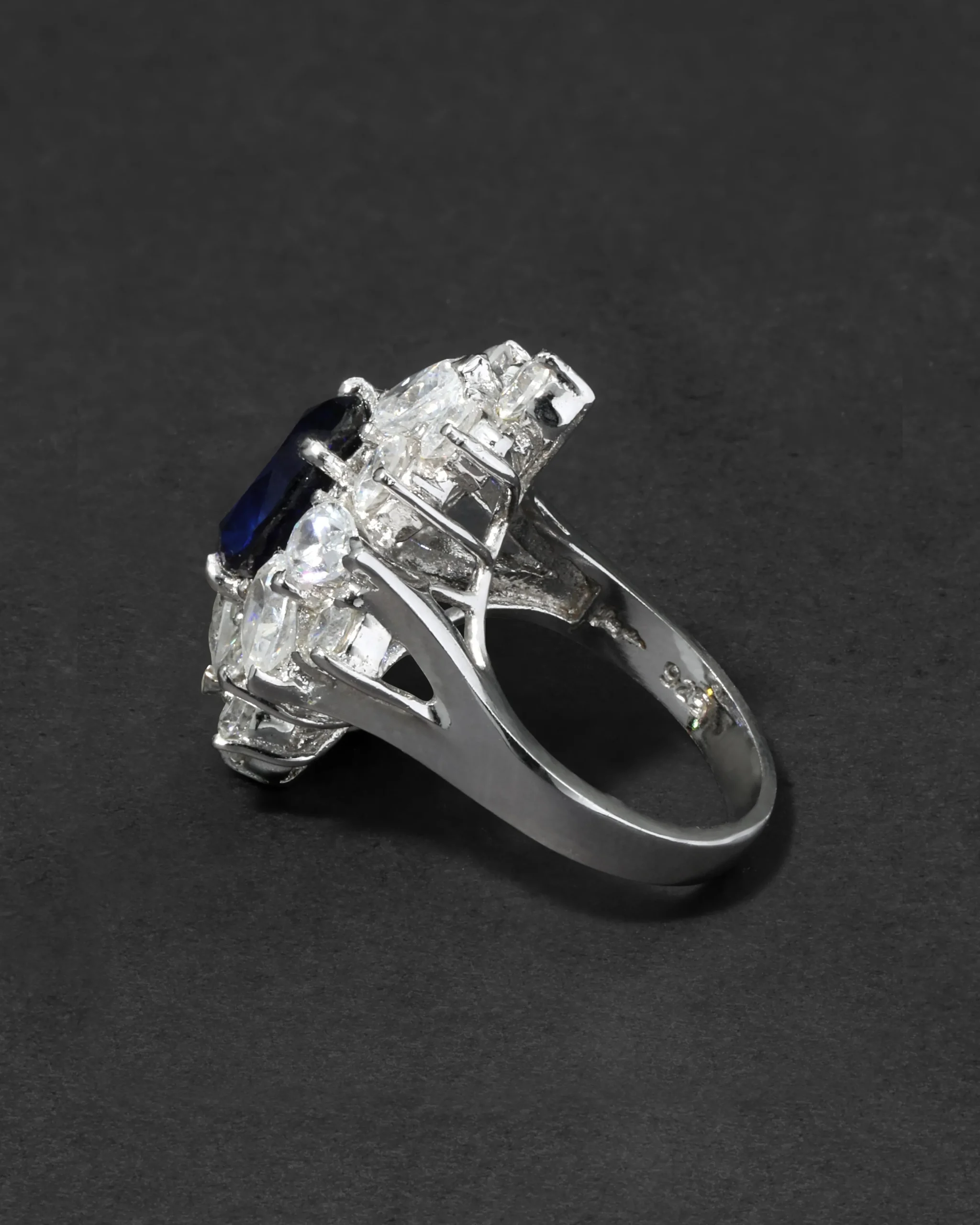 Vintage 1980s Rhodium Plated Sterling Silver with Synthetic Sapphire & Cubic Zirconium Ring